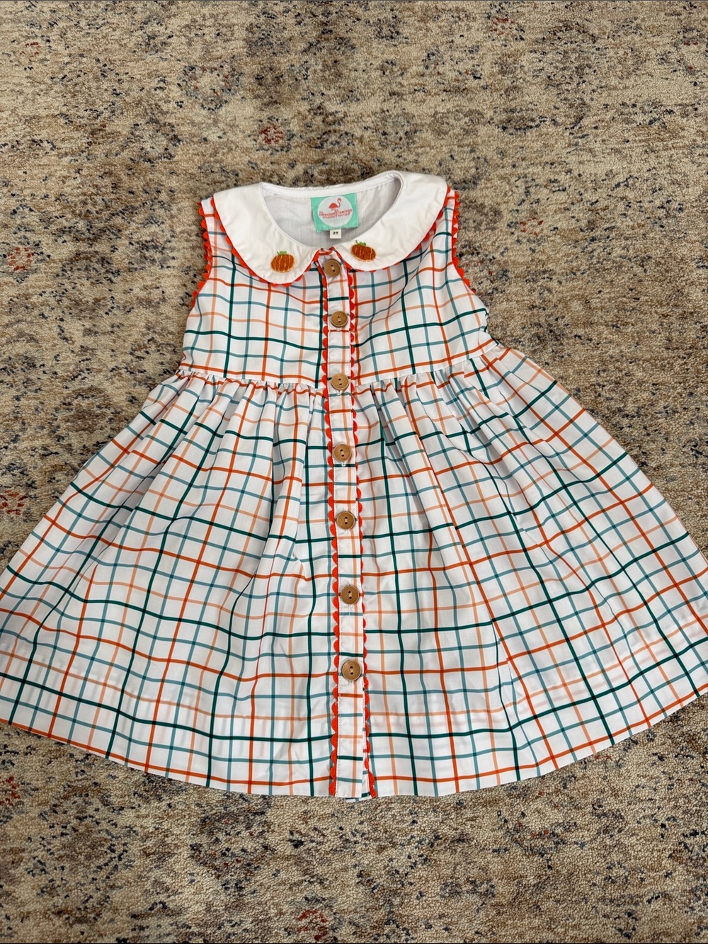 The Smocked Flamingo Pumpkin Fall Plaid Button-Front Dress- Size 2T